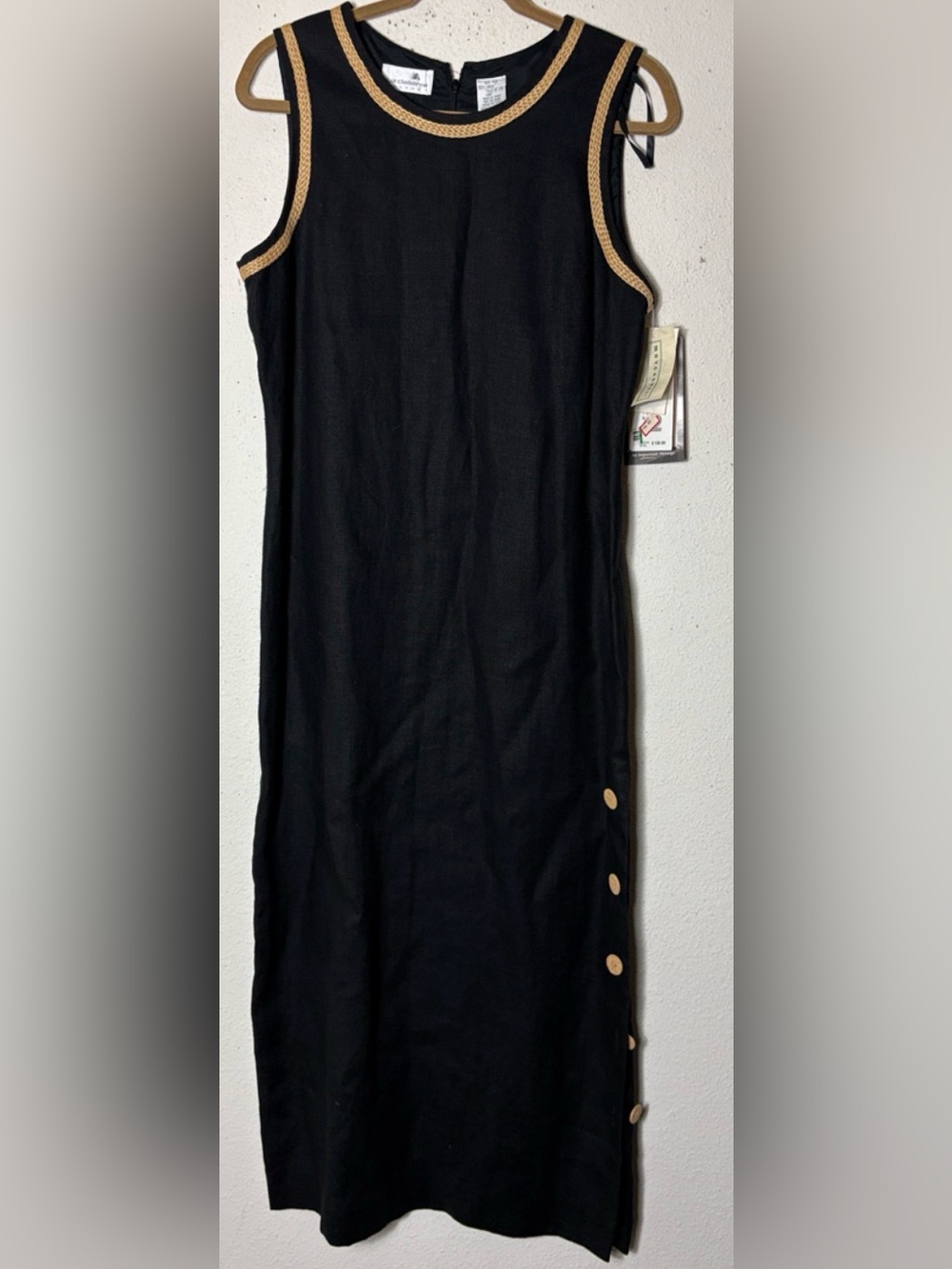 Liz Claiborne Black Midi Dress 100% Linen with Tan Trim 12 NWT